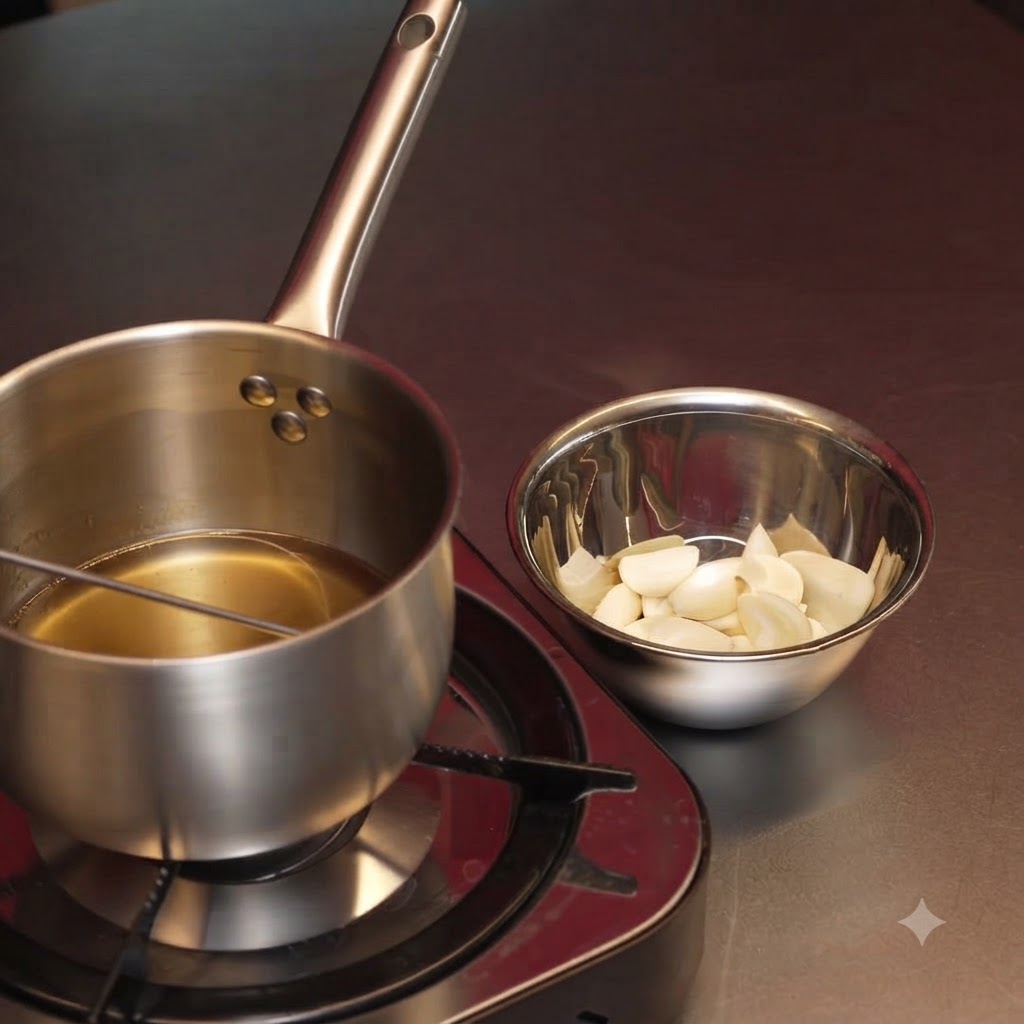温かいラードの入った鍋に皮をむいたにんにくを入れている様子。