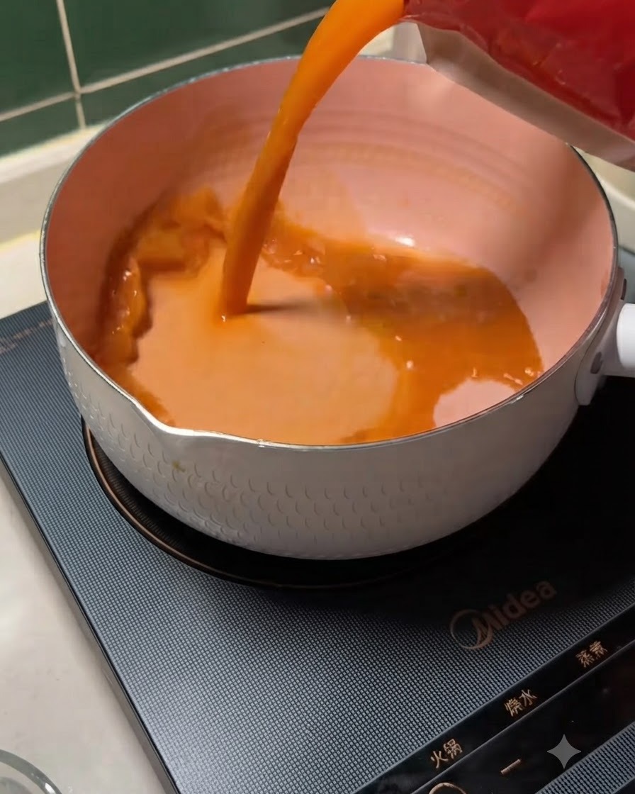 黒いIHコンロの上の白い鍋に、赤いパッケージからオレンジ色の濃厚な日本風ピリ辛味噌スープの素を注いでいる様子。