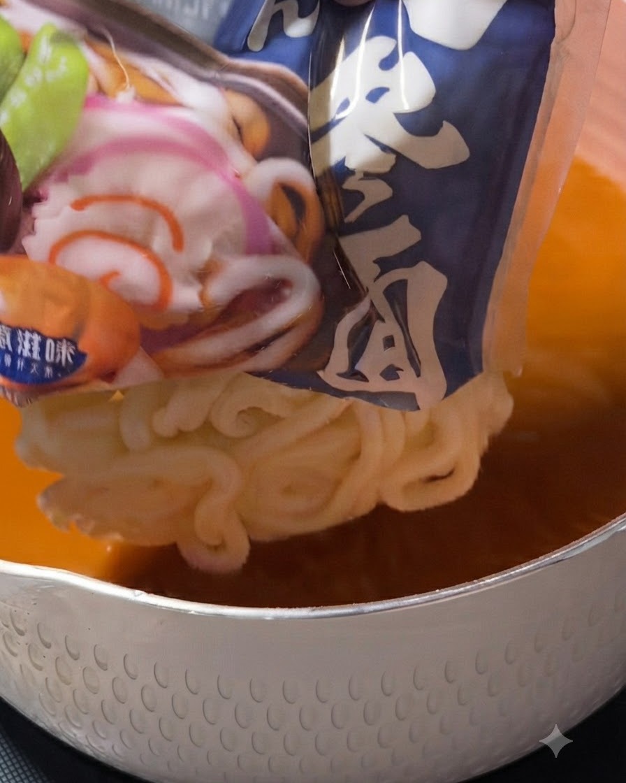 青いパッケージから取り出した白いうどんの塊を、白い鍋の中のオレンジ色のスープに落とし入れている様子。