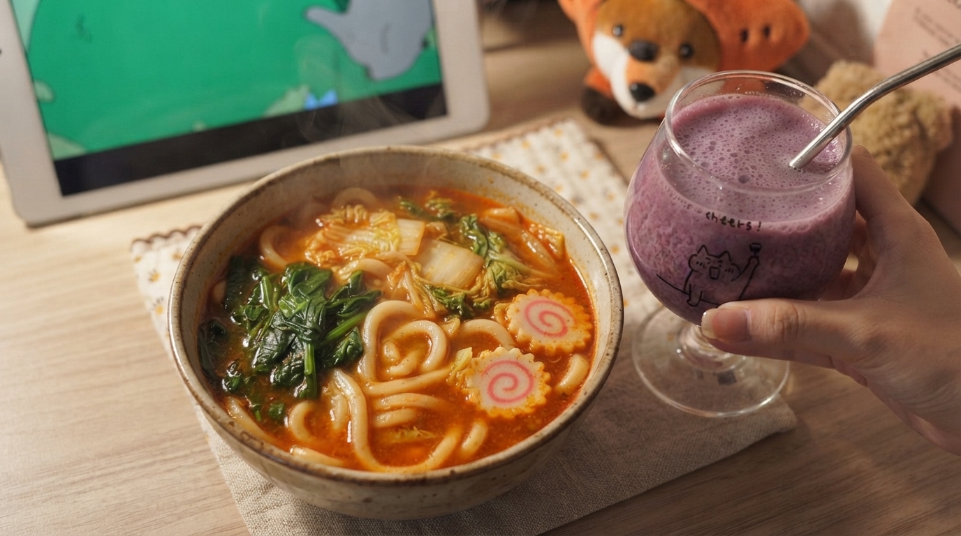 ピリ辛味噌うどんスープとグレープミルクドリンク