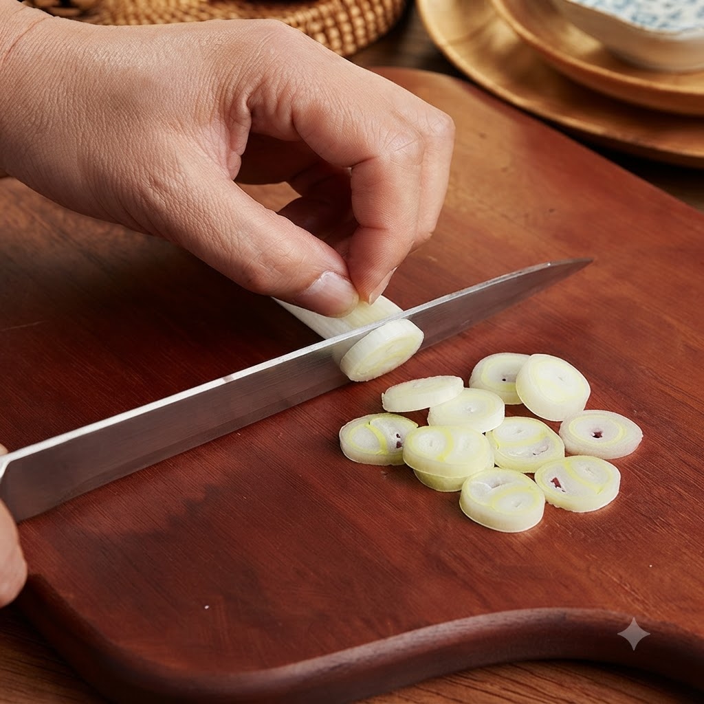 木製のまな板の上に並べられた、薄切りのネギとみじん切りのニンニク。