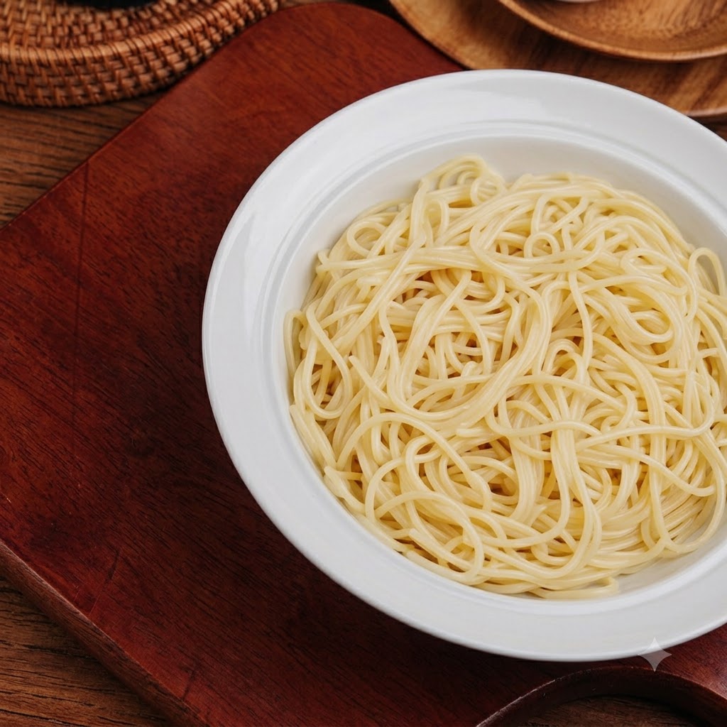 白いお椀に入った茹で上がった麺が、油で和えられるのを待っている様子。