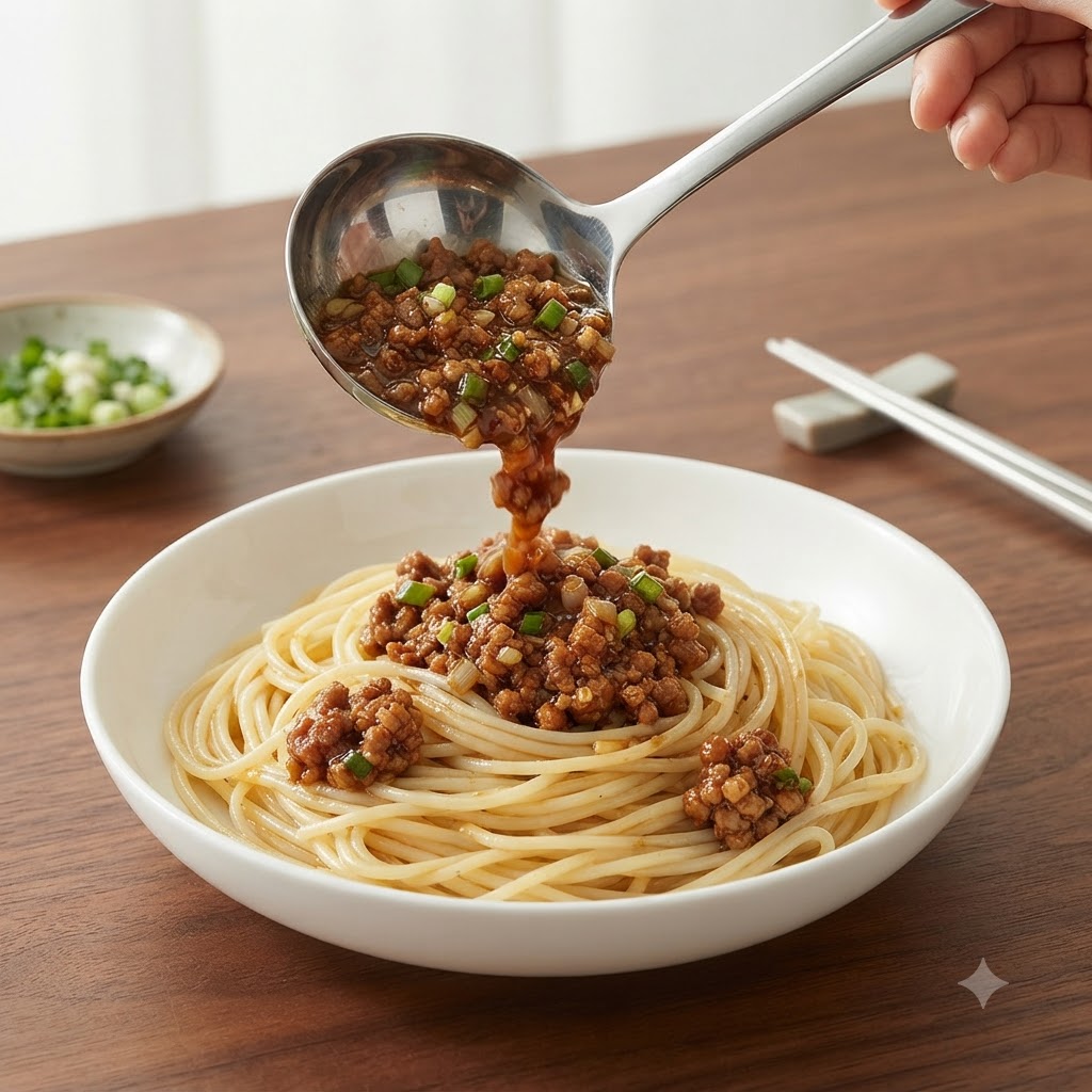 白いサービングボウルの中央に、おたまを使って濃厚な茶色の肉のソースをかけている様子。