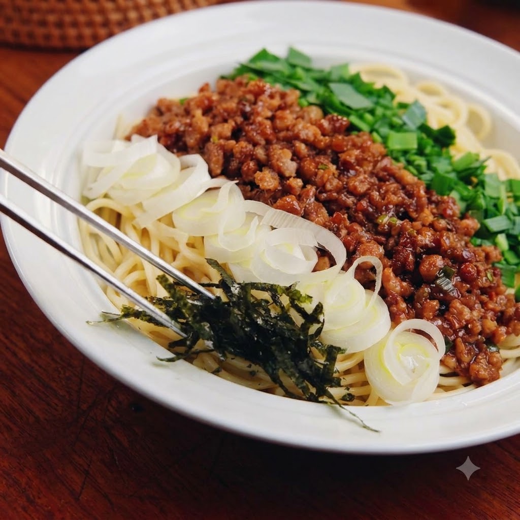 スライスした緑のネギ、白玉ねぎ、海苔がトッピングされた、麺と肉ソースの丼。