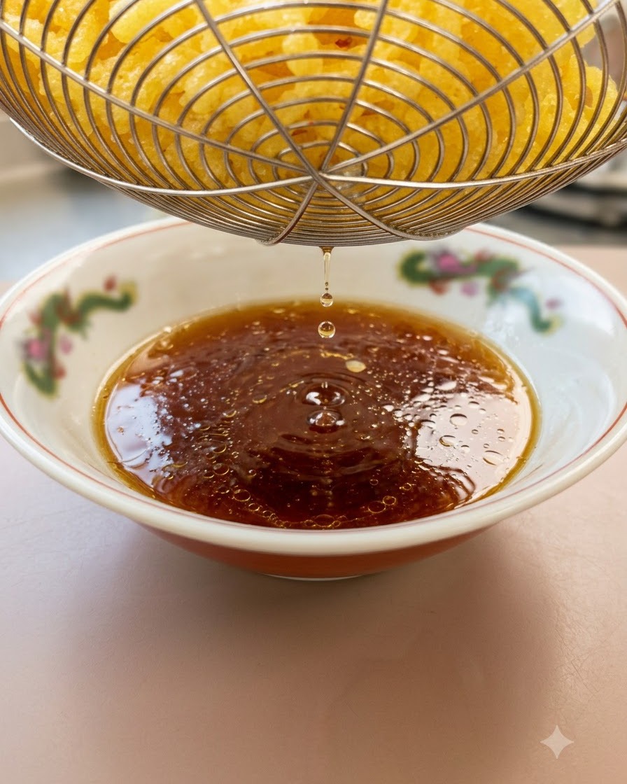 ザルから湯切りした太麺を、タレの入ったどんぶりに移している様子