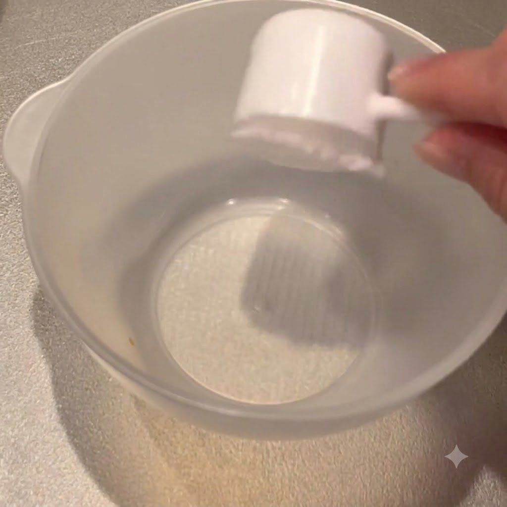 透明なミキシングボウルに、計量スプーンですくった砂糖を加えて麺のタレを作っている様子。