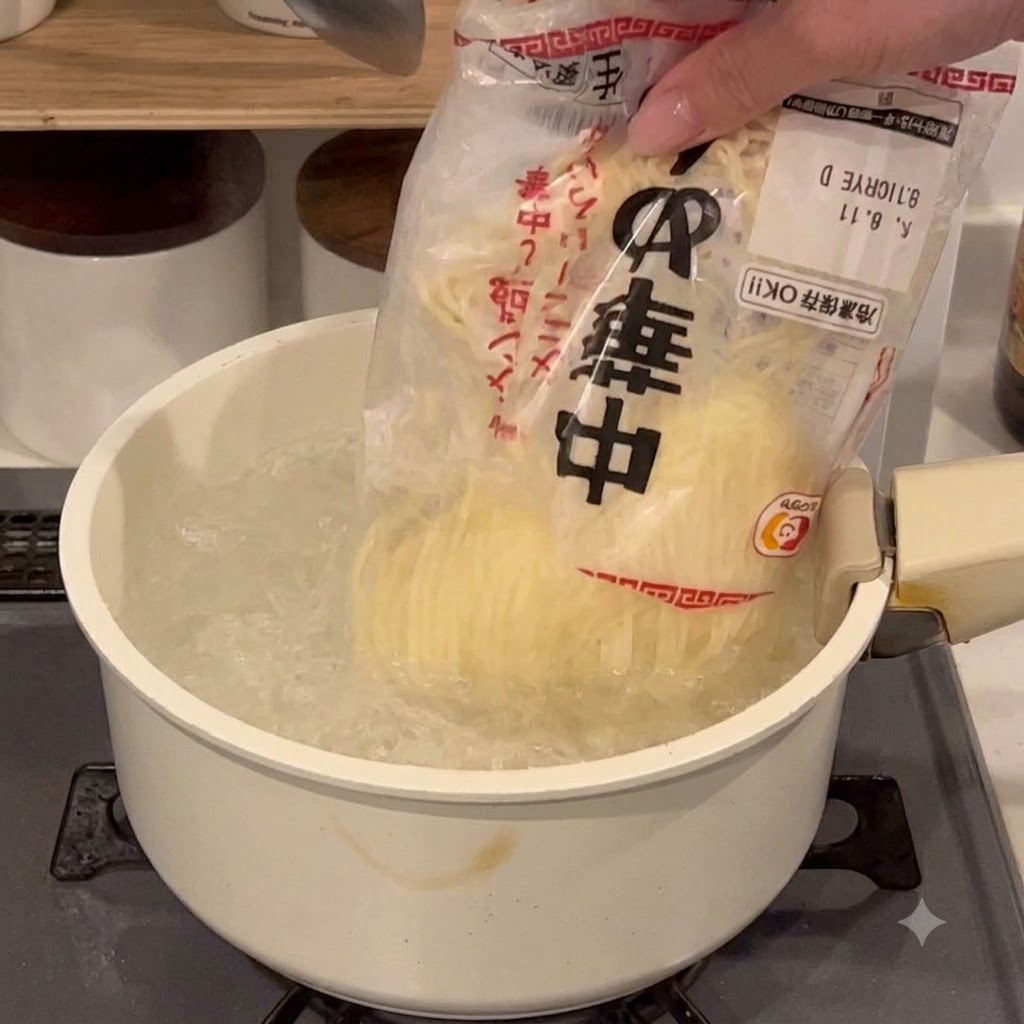 コンロ上の大きな沸騰したお湯の入った鍋に、中華麺のパッケージを投入している様子。