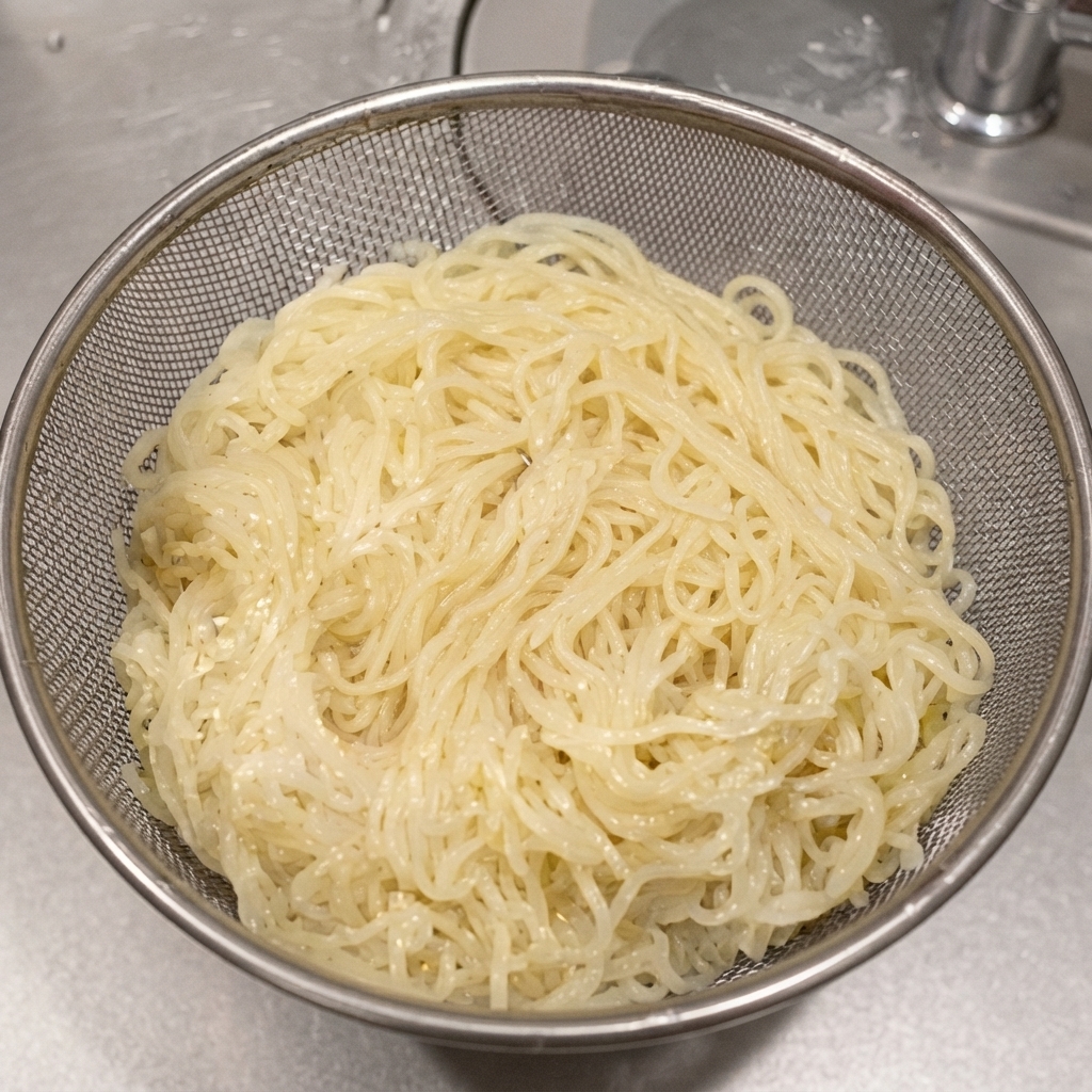 冷水ですすいだ後、ステンレス製の網ざるに入った茹で麺の様子。