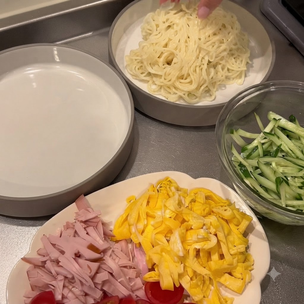 麺が入った盛り付け用ボウルの横に、千切りきゅうり、ハム、卵の薄切りを分けたお皿が並んでいる様子。