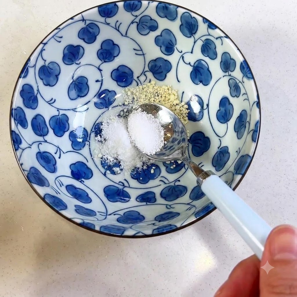 美しい陶器のボウルに、スプーンで調味料を計り入れている様子。