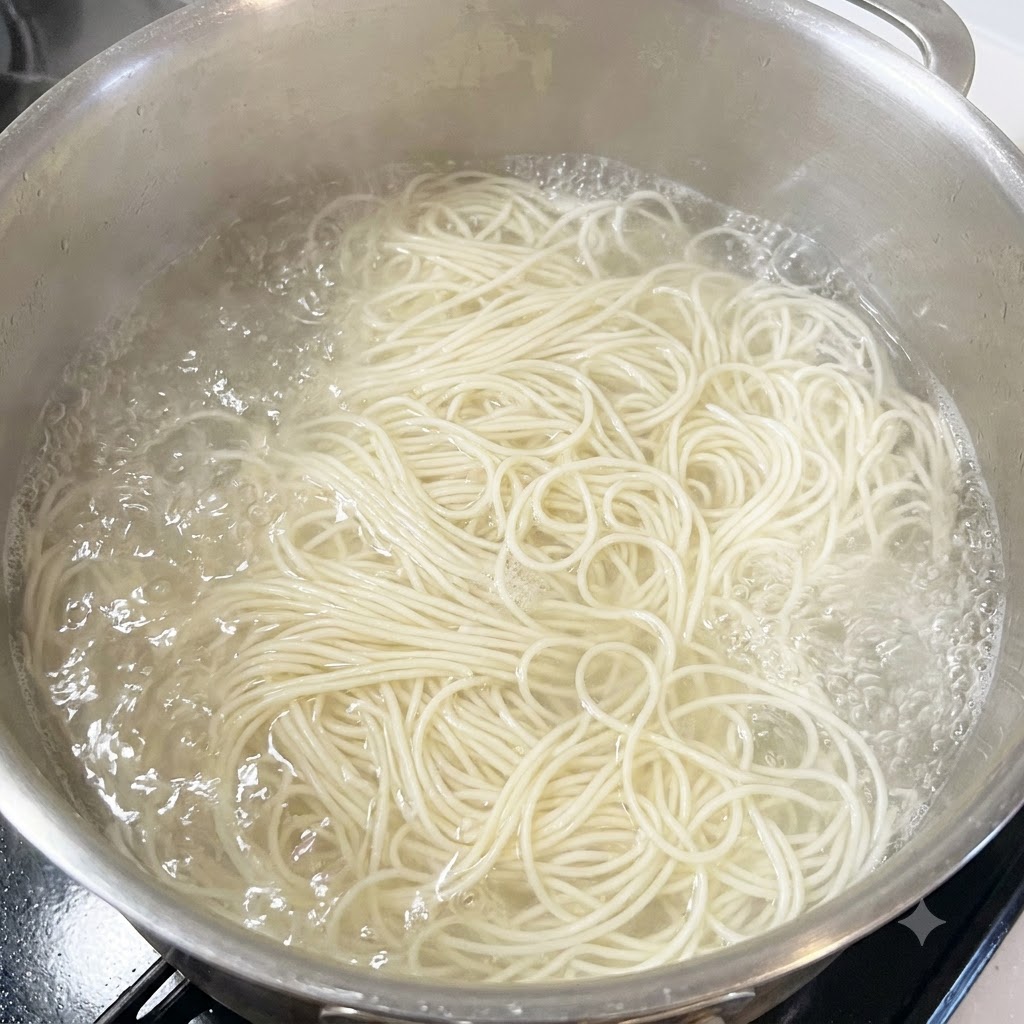 大きなステンレス鍋で、乾燥そうめんを茹でている様子。