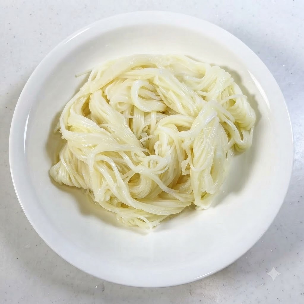 白い器に盛られた冷やしそうめんの上に、紫玉ねぎをのせている様子。