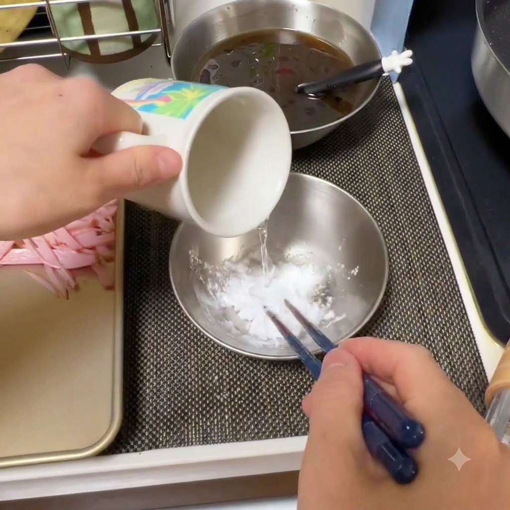 小さなボウルに入った片栗粉に水を加え、箸で混ぜ合わせている様子。