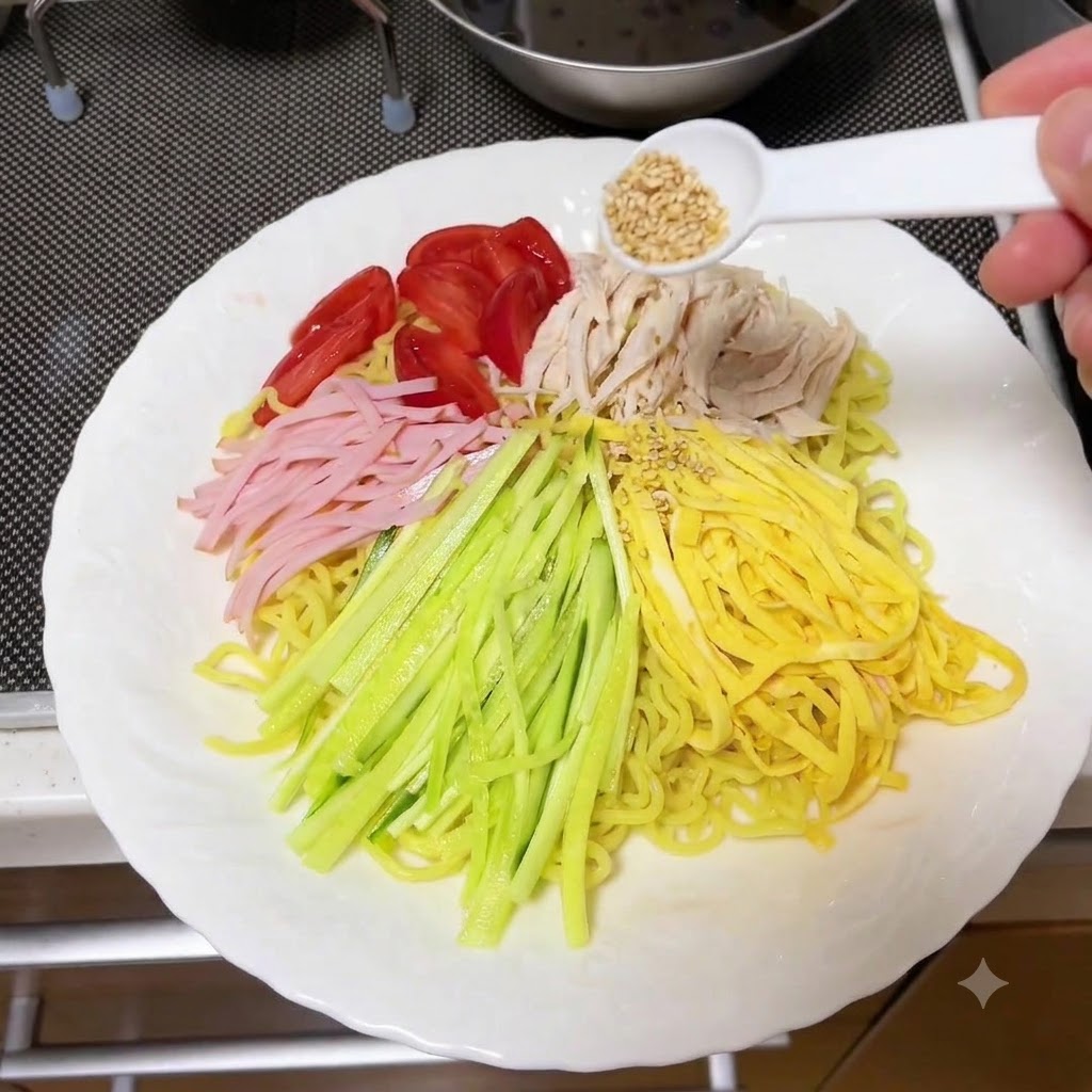 茹でた麺の上に、きゅうり、ハム、トマトなどの具材が綺麗に並べられ、ごまが振られている様子。