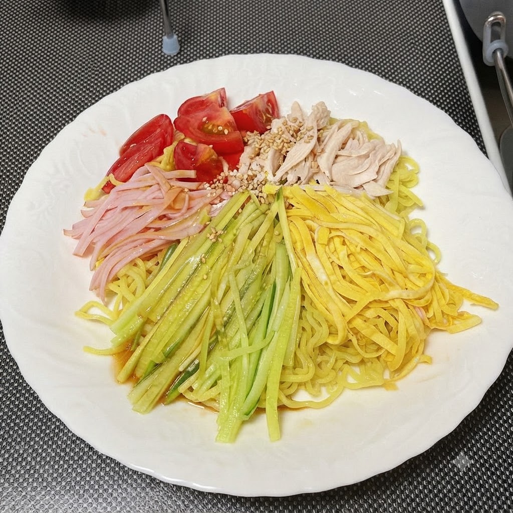 盛り付けられた冷やし中華と具材の上から、タレが回しかけられている様子。