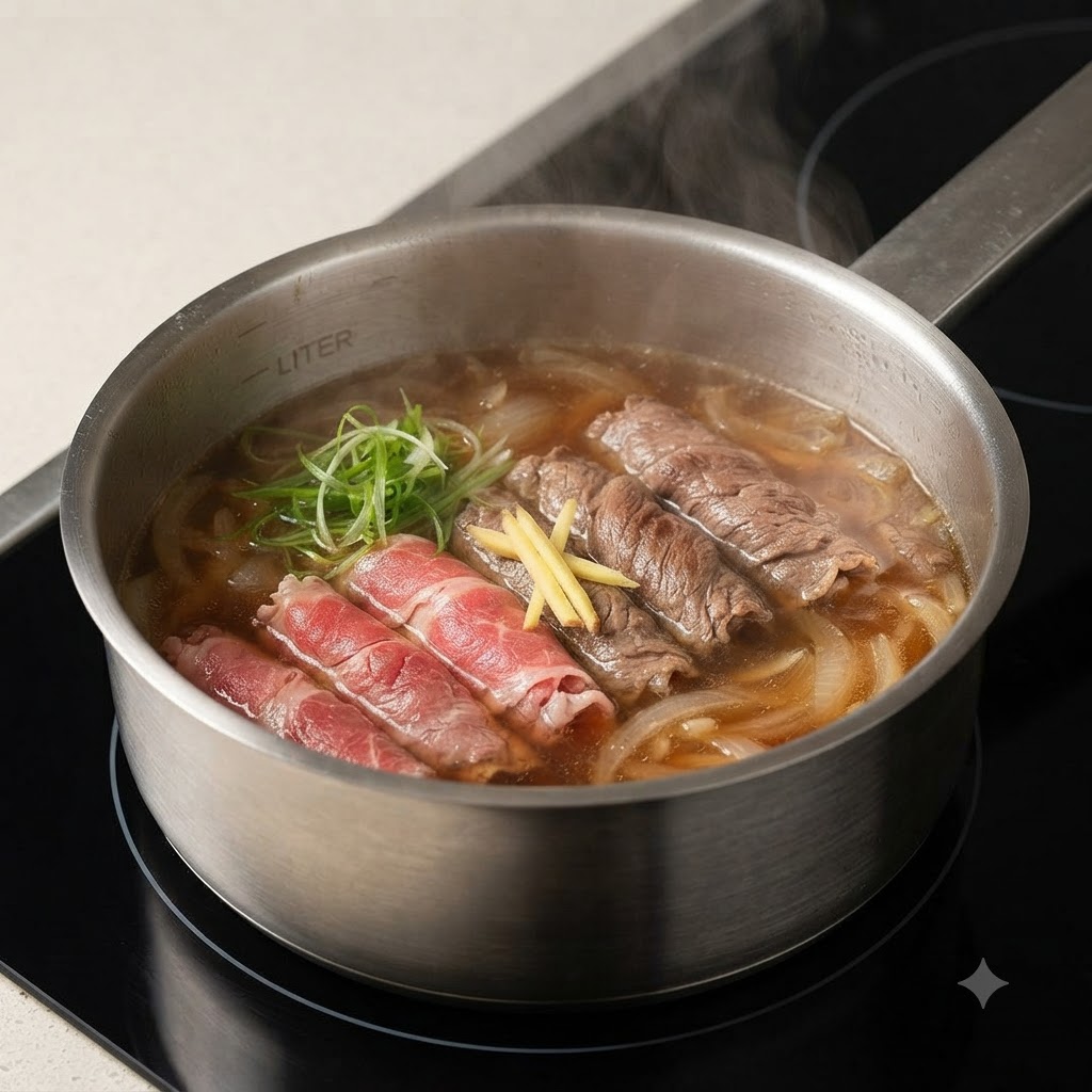 鍋の中で、煮立ったつゆと玉ねぎの上に生の牛薄切り肉を広げている様子。