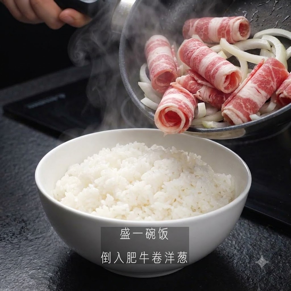 温かいご飯が入った丼に、煮込んだ牛肉と玉ねぎを盛り付けている様子。