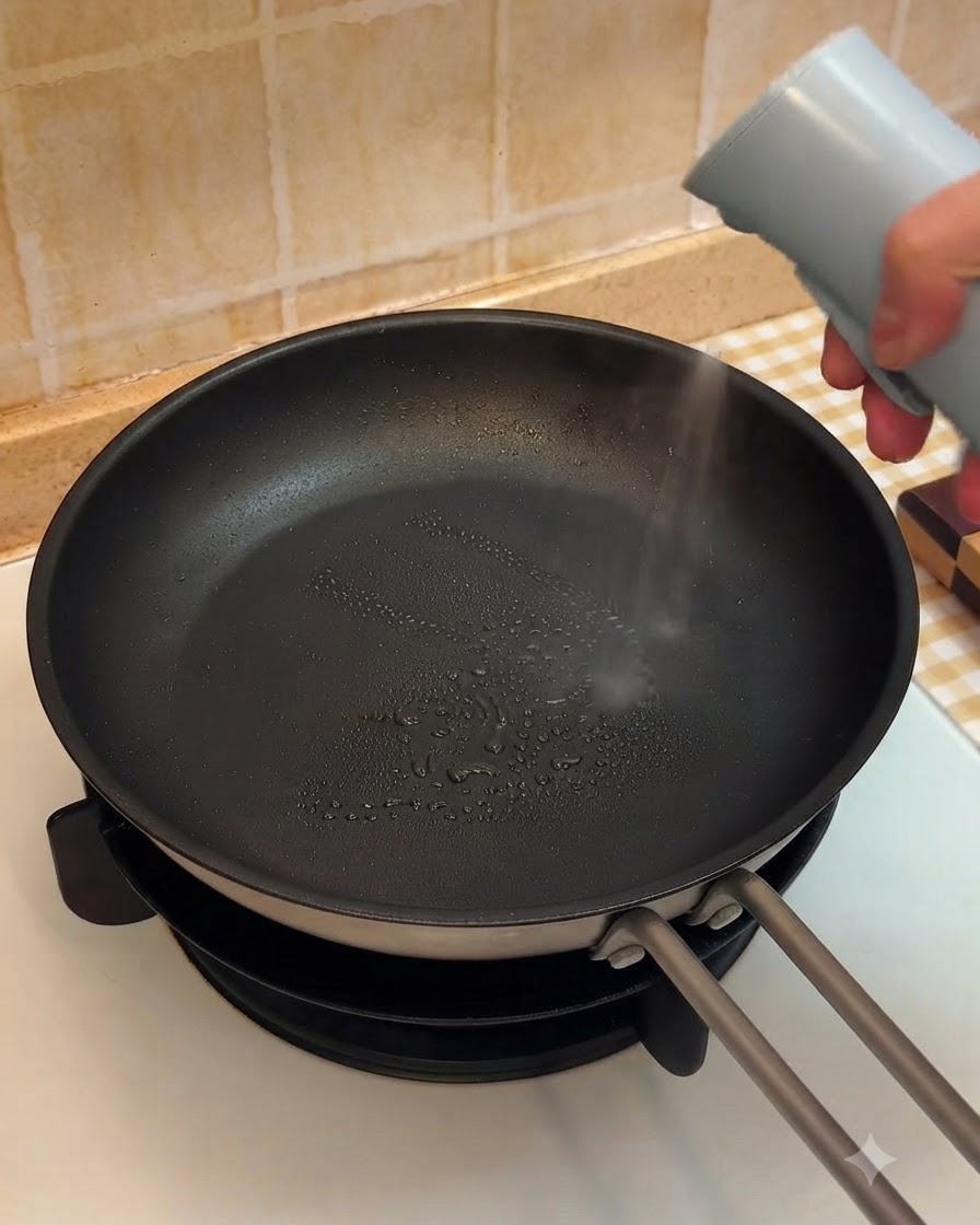 熱したフライパンにオイルスプレーで軽く油を引いて牛肉を炒めている様子