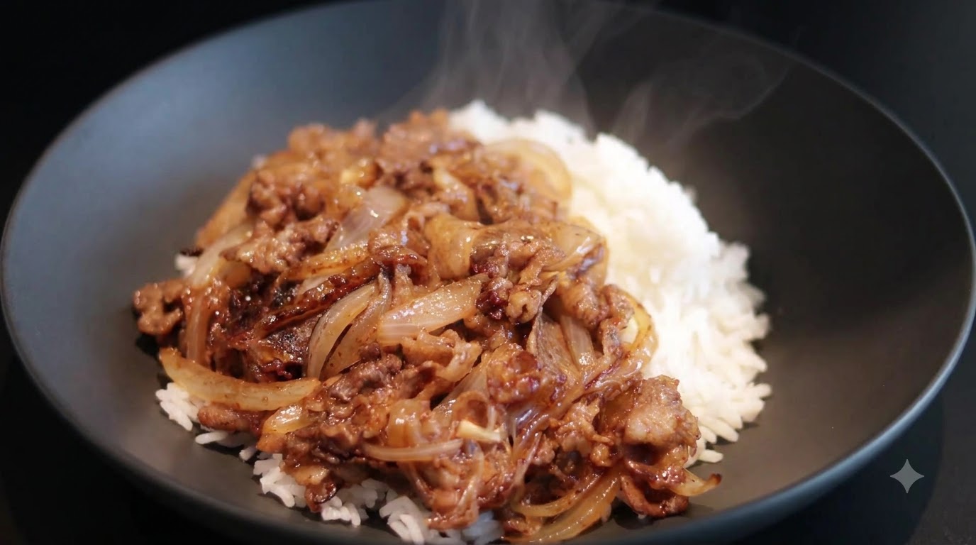 柔らかい霜降り牛肉とキャラメリゼした玉ねぎを白いご飯にのせた、食欲をそそるバターオニオンビーフ丼。