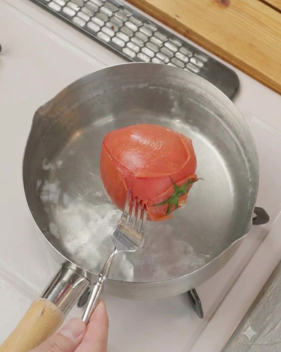 湯通しした熱いトマトの薄皮をフォークを使って丁寧に剥がしている様子