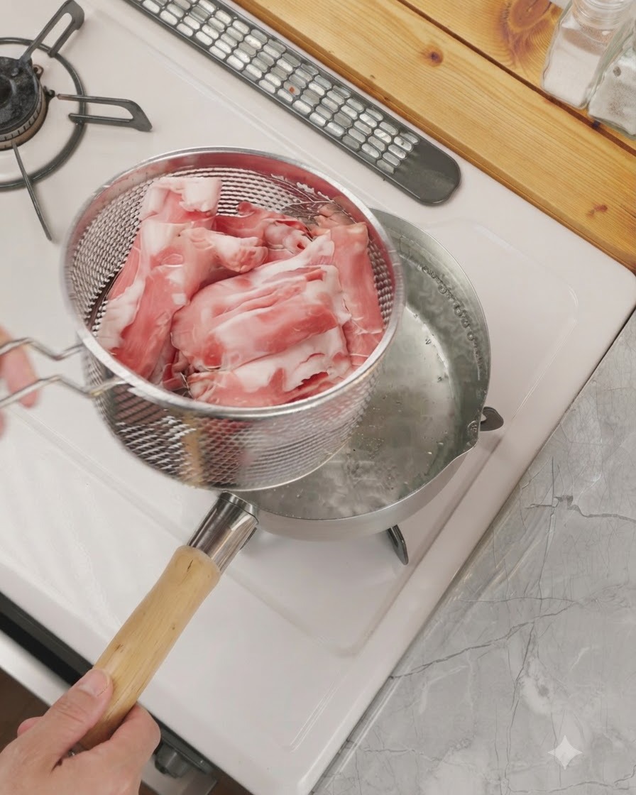 沸騰した鍋の上でざるに入った牛薄切り肉を湯通ししている様子