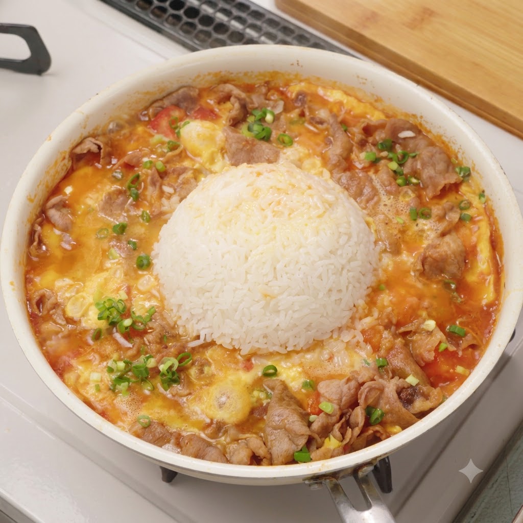 フライパンの中でトマトと牛肉の卵とじの中心にご飯が盛られ、青ねぎが散らされた完成時の様子