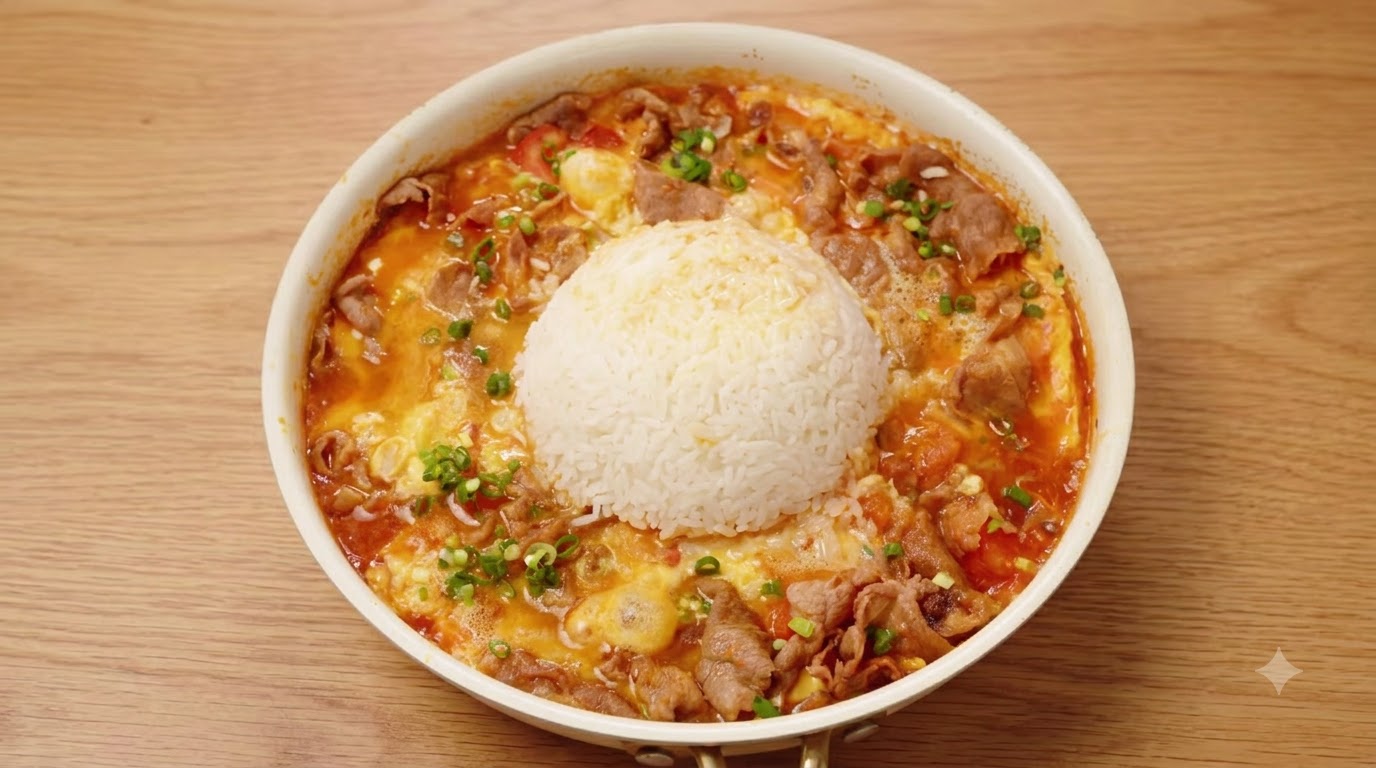 牛肉とトマトのふわとろ卵丼