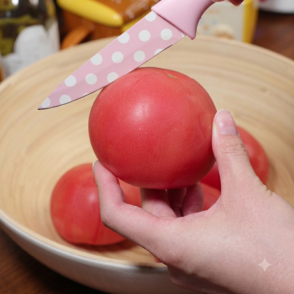 木製のボウルの中で、ピンクの模様が入ったナイフを使って新鮮な赤トマトの頭部に浅い十字の切れ目を入れているクローズアップの手。