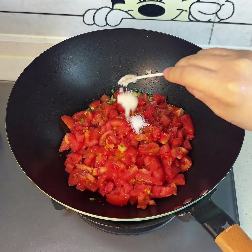 スパチュラを使い、中華鍋の中でトマトを押しつぶしながら炒めている様子cite: 1