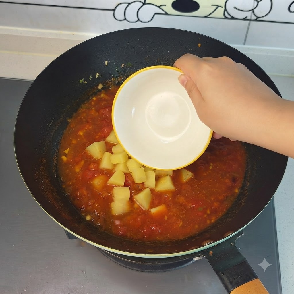 小さなボウルから、煮立ったトマトスープの中へ角切りじゃがいもが入れられているところcite: 1