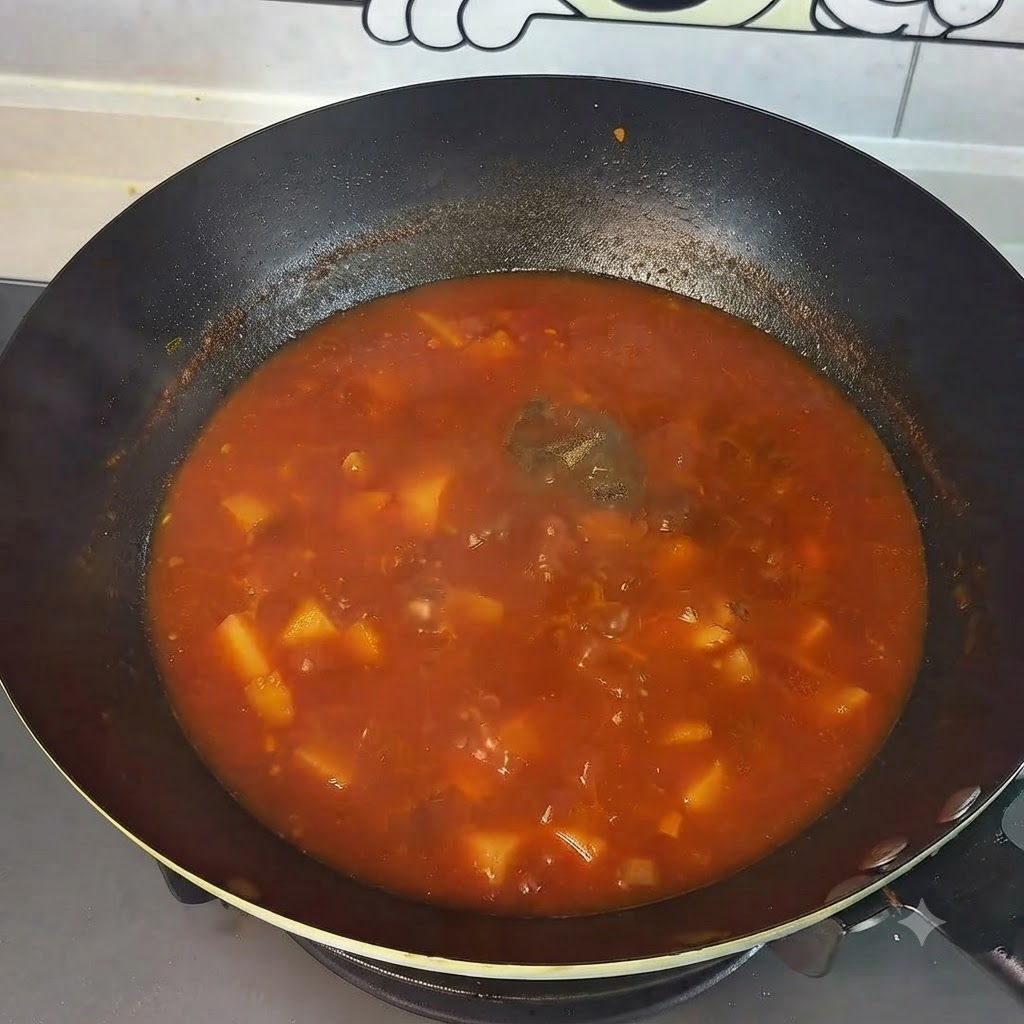 中華鍋でグツグツと煮える赤色のトマトとじゃがいものスープに、黒こしょうと白砂糖がふりかけられている様子cite: 1