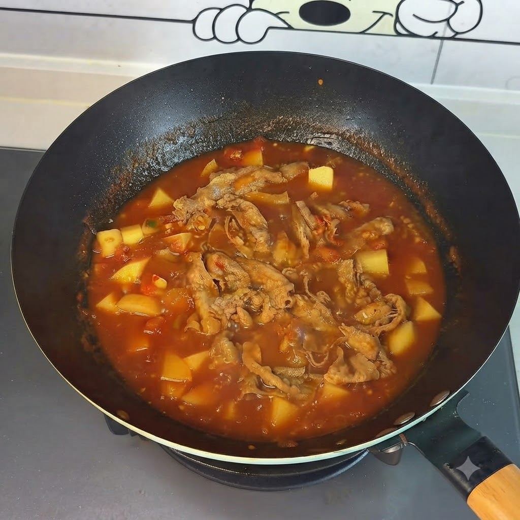 盛り付けの準備ができた、中華鍋の中のトマトとじゃがいもの牛肉巻き小鍋cite: 1