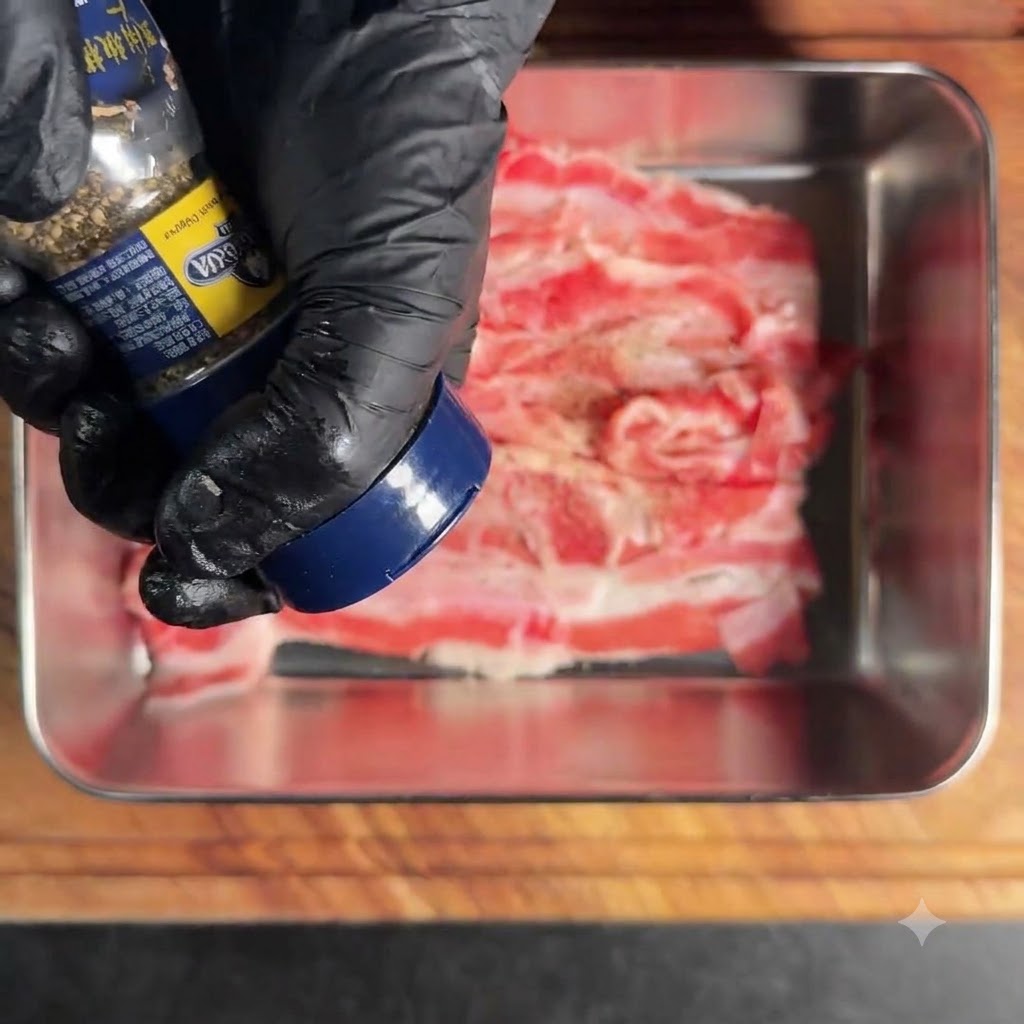 黒こしょうで下味をつけられたバットに入った牛薄切り肉。