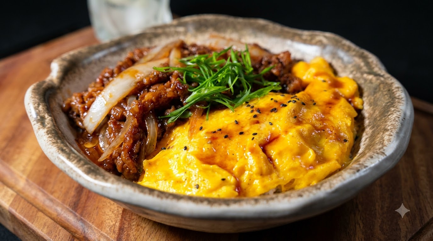 青ねぎと黒ごまをトッピングした、とろとろ卵の照り焼き牛丼のクローズアップ。