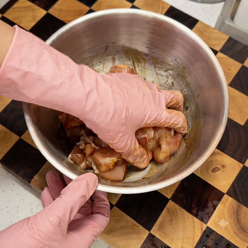 ステンレス製のボウルの中で、ピンク色の手袋をつけた手が下味をつけた鶏肉を混ぜ合わせている様子。