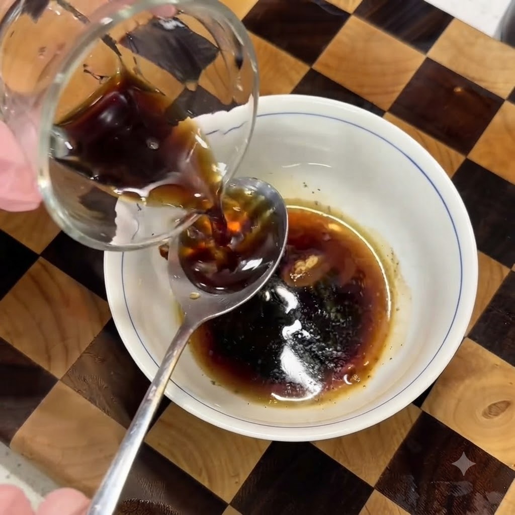 醤油やスパイスが入った小さな白いボウルに、ガラスのカップから色の濃い合わせ調味料を注いでいる様子。