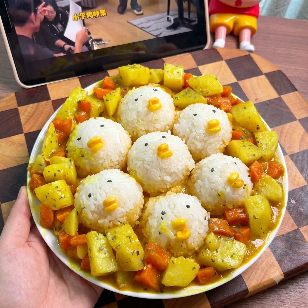 ごはんの真ん中にチーズを入れておにぎりを形作っている様子。