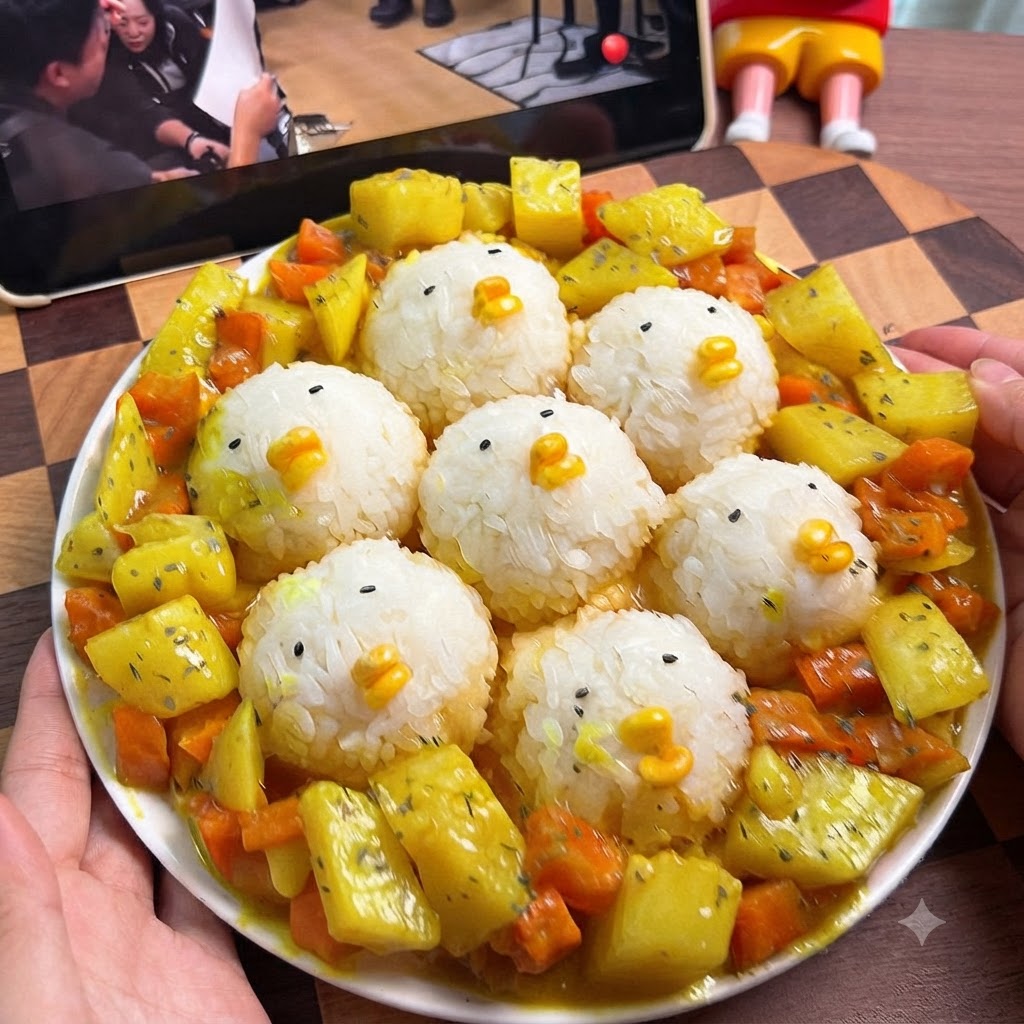 ピンセットを使ってごまとコーンをおにぎりに乗せ、ひよこの顔を作っている様子。