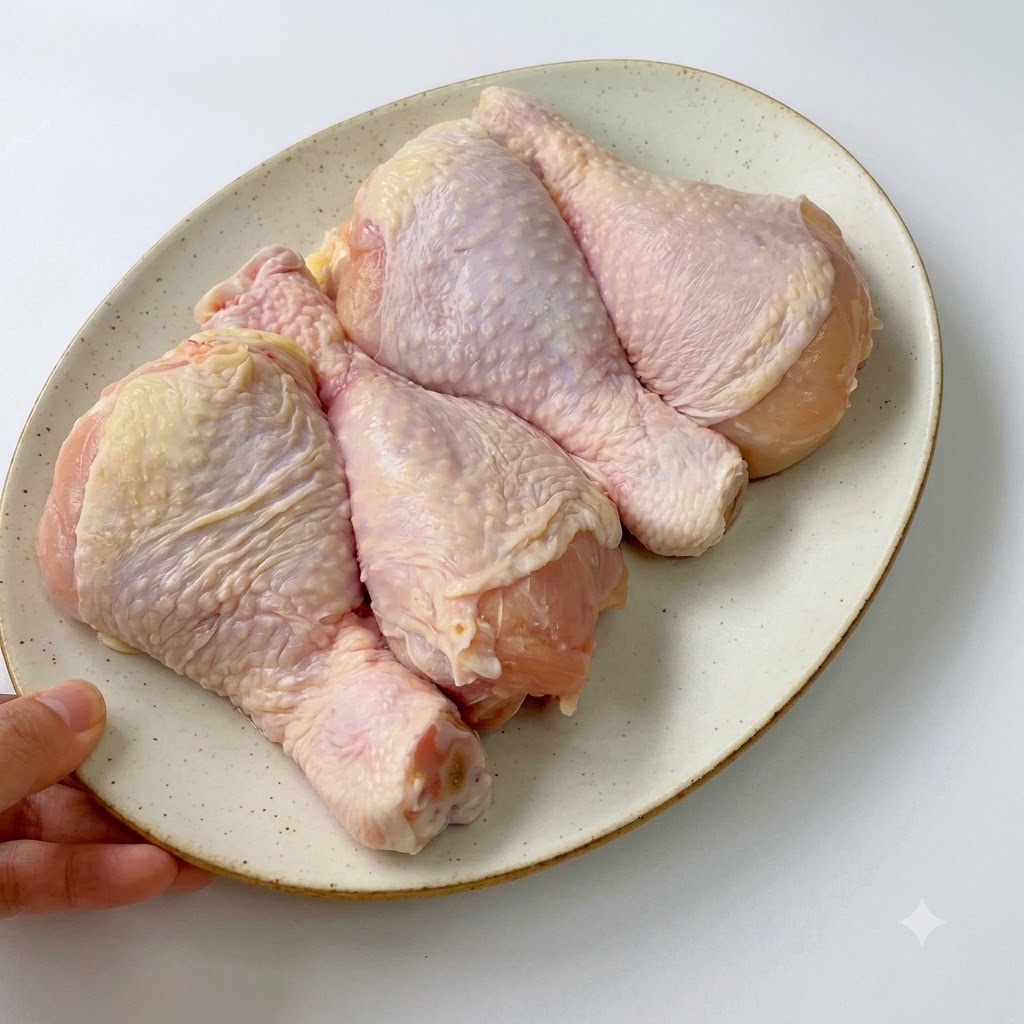 木のまな板の上で包丁を使い、鶏もも肉の骨を外して一口大に切り分けている様子。
