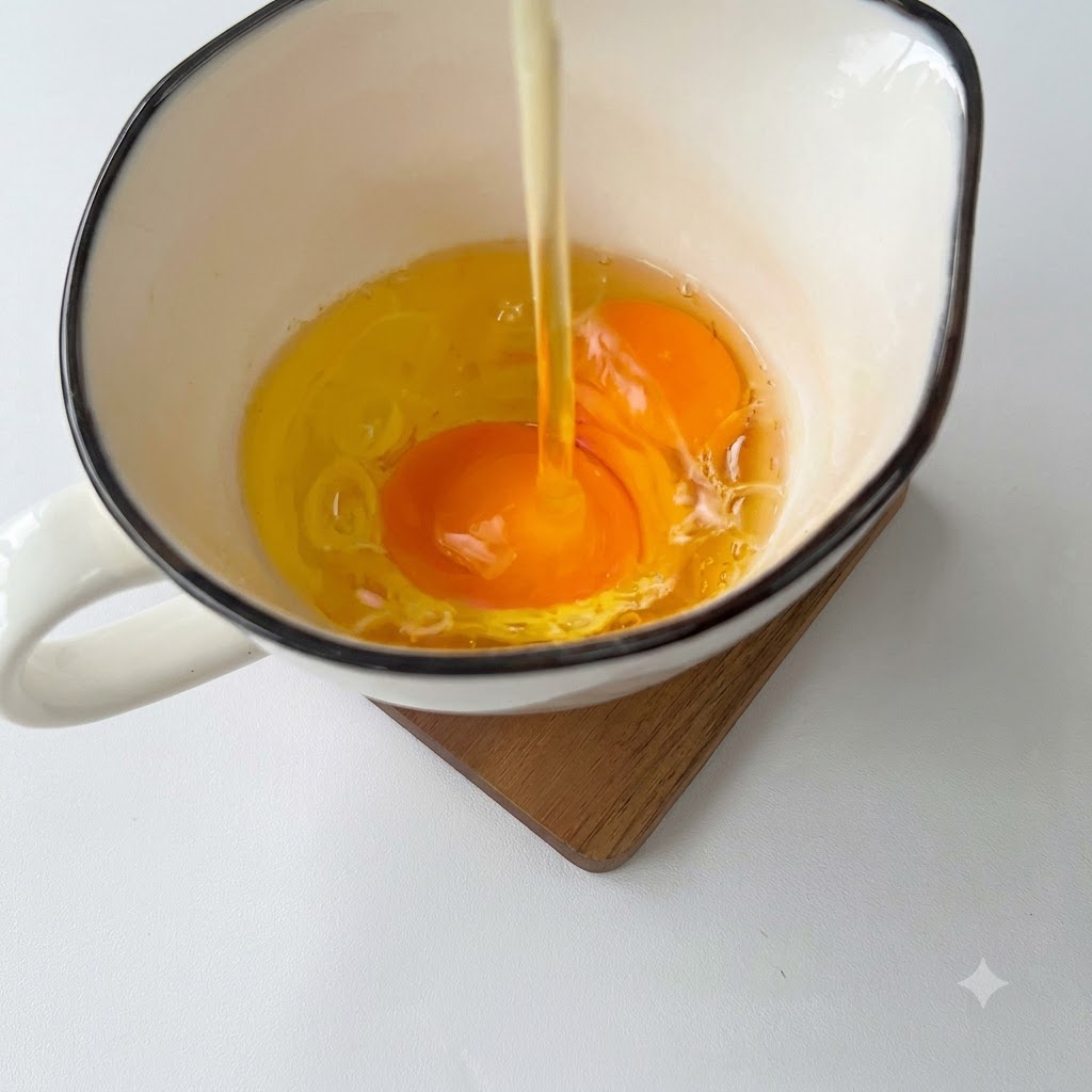 ガラスのボウルの中で、泡立て器を使って卵を滑らかになるまでかき混ぜている様子。