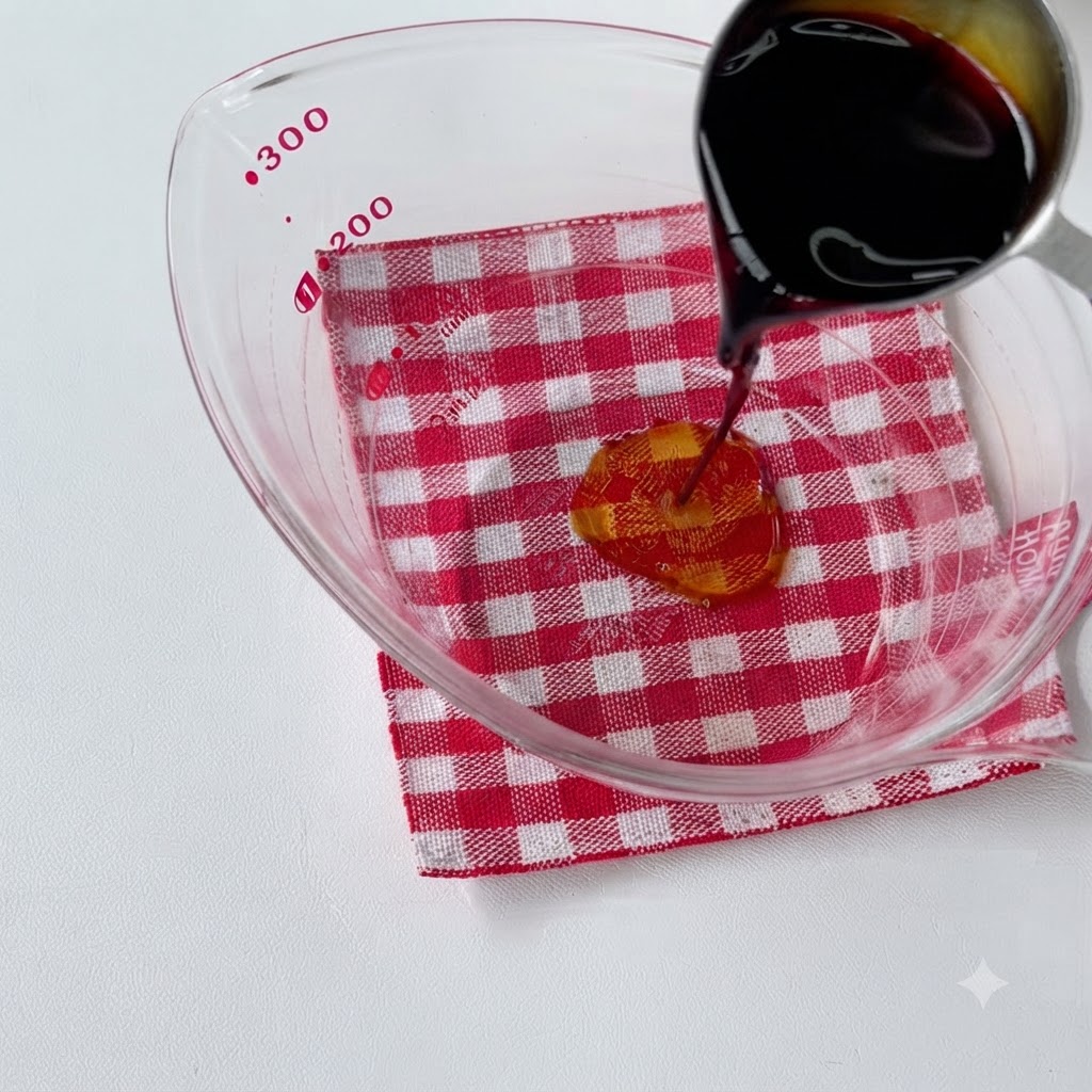 赤いチェック柄のクロスの上で、ガラスの計量カップに調味料を測り入れながら混ぜ合わせている様子。