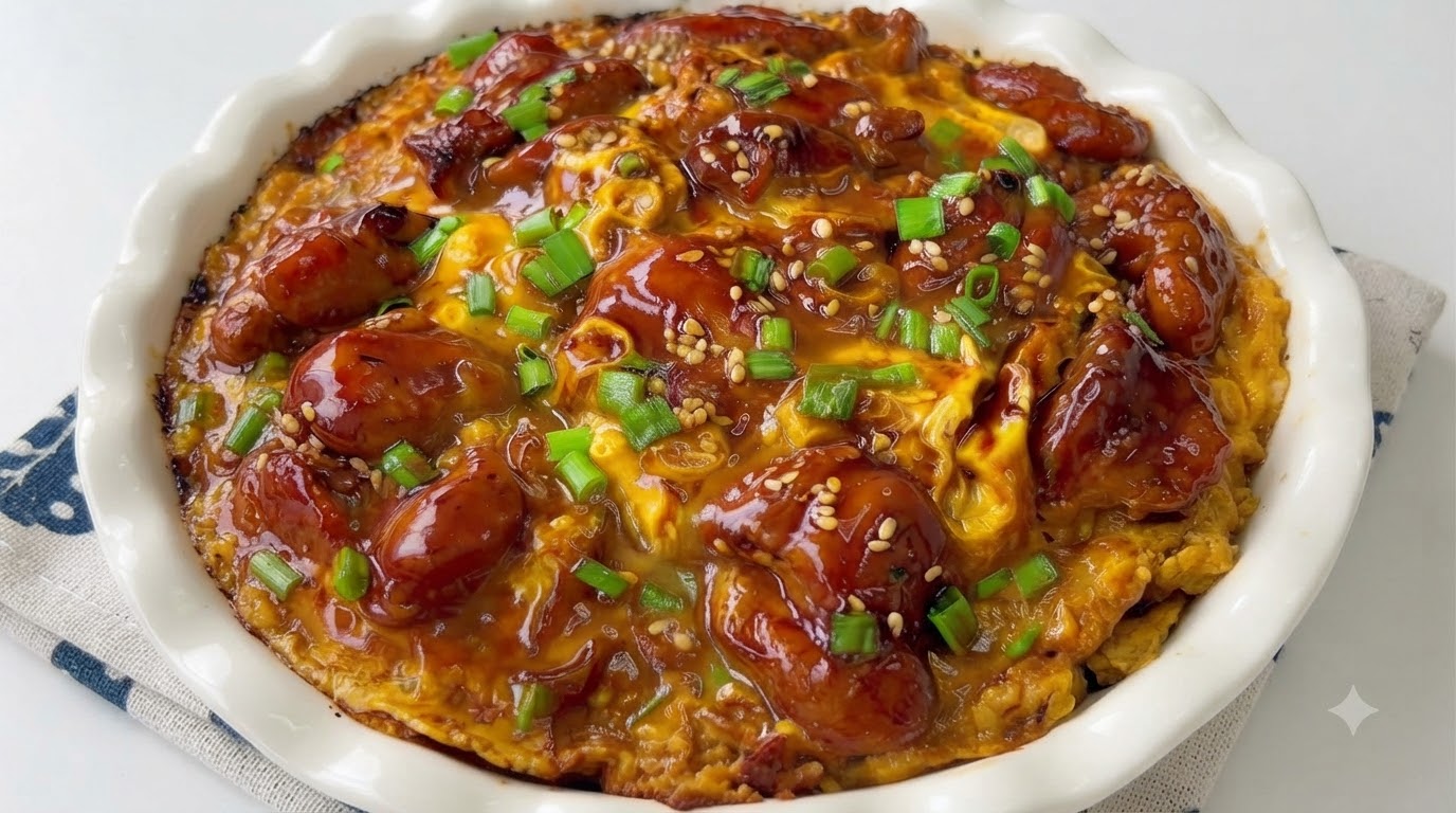 白い陶器の皿に盛り付けられた、ネギと白ごまがトッピングされた親子丼風の料理のクローズアップ俯瞰写真。