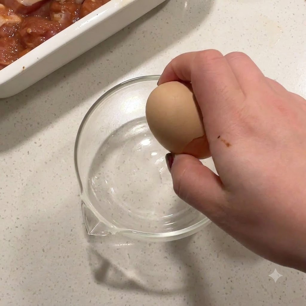味付け用の鶏肉の容器の隣で、ガラスのボウルに卵を割る手。