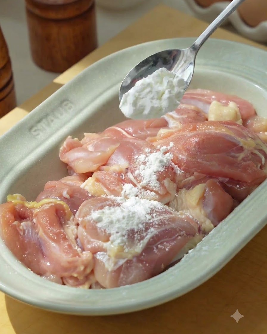 お皿に入った鶏肉に片栗粉をまぶしている様子。