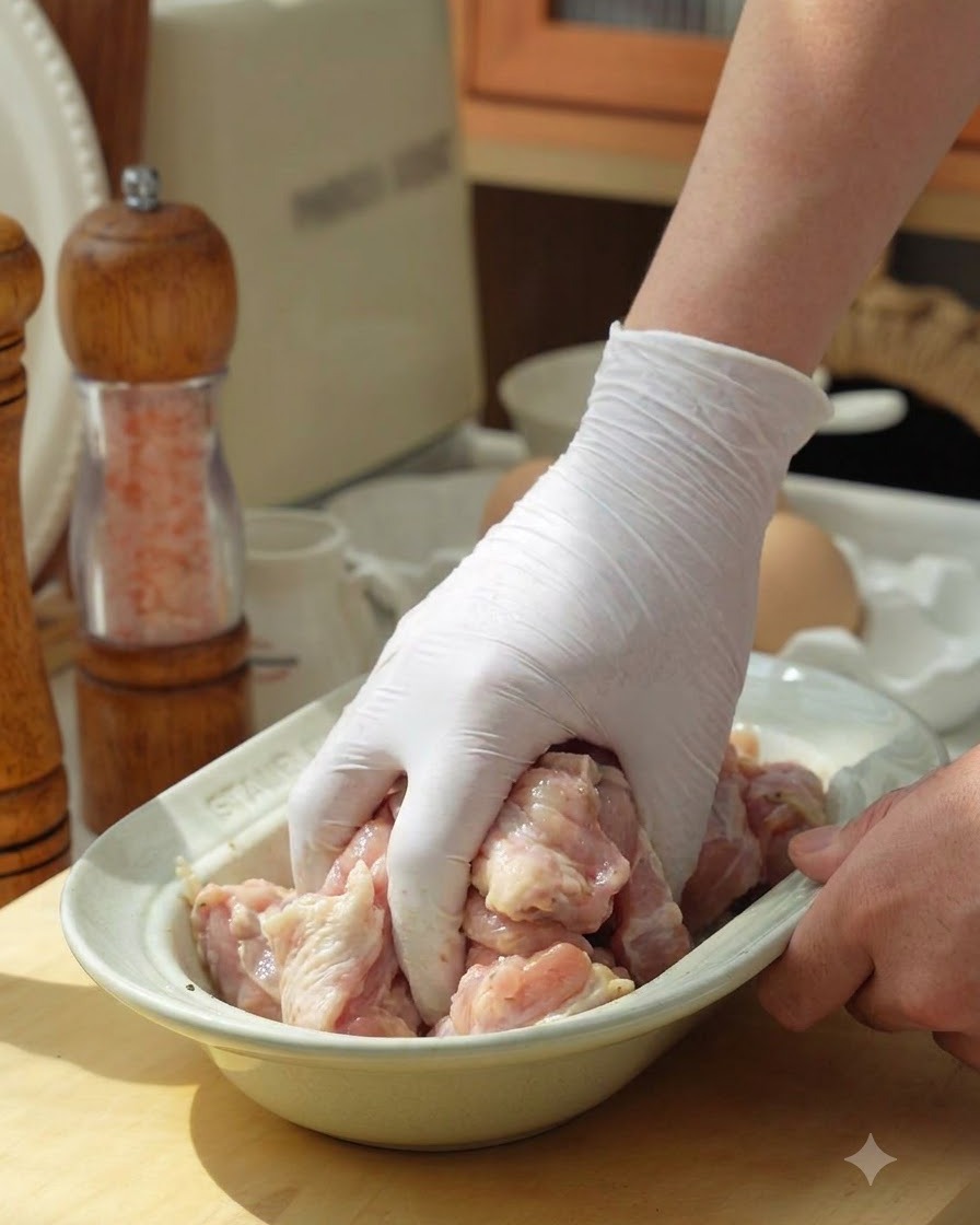 手袋をした手で、ボウルに入った鶏肉と調味料を混ぜ合わせている様子。
