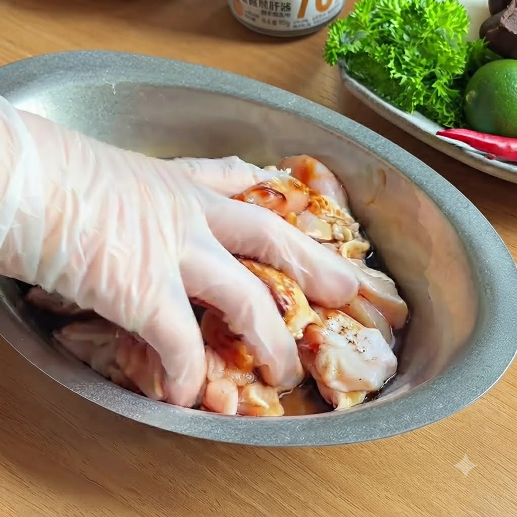 手袋をした手で調味料と鶏肉をしっかりもみ混ぜている様子。