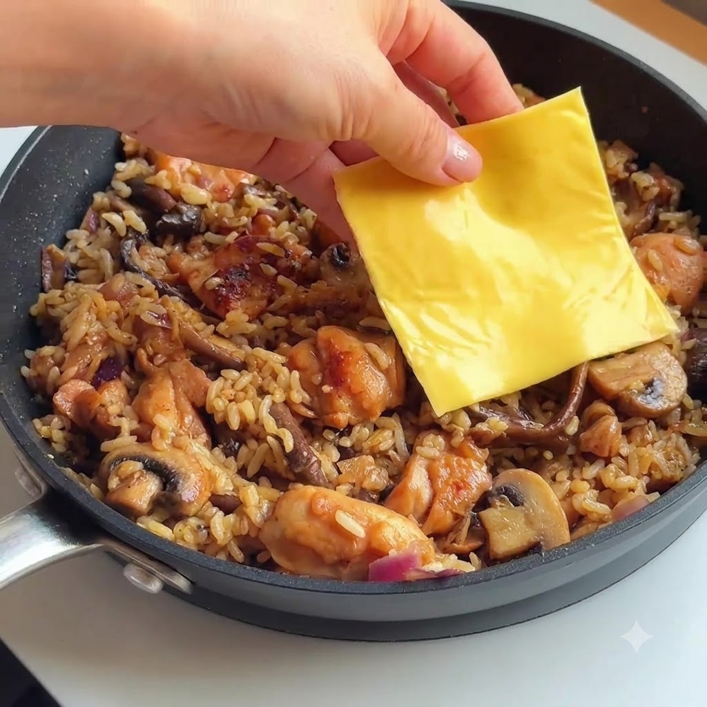 炒飯の上にスライスチーズを並べてフライパンで溶かしている様子。