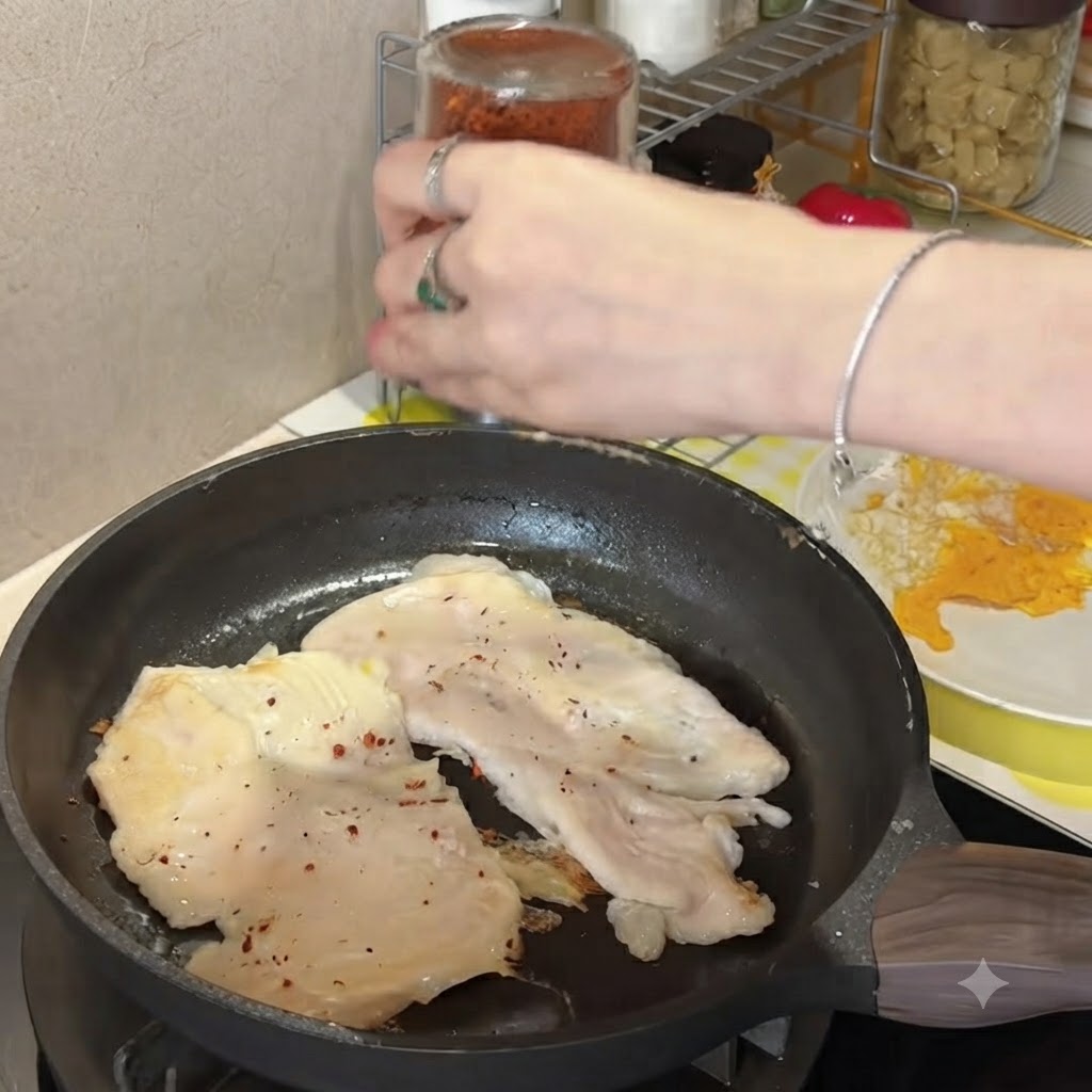 ガラスのスパイス瓶を振り、フライパンで焼いている2枚のチキンカツの上にレッドチリフレークを散らす手。