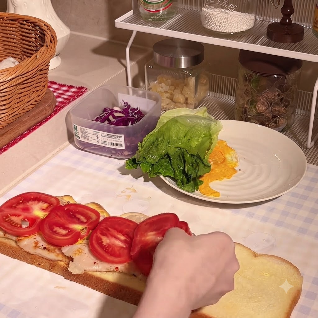 パンプキンブレッドに重ねたスパイシーなチキンカツの上に、丸切りのトマトをきれいに並べている手。