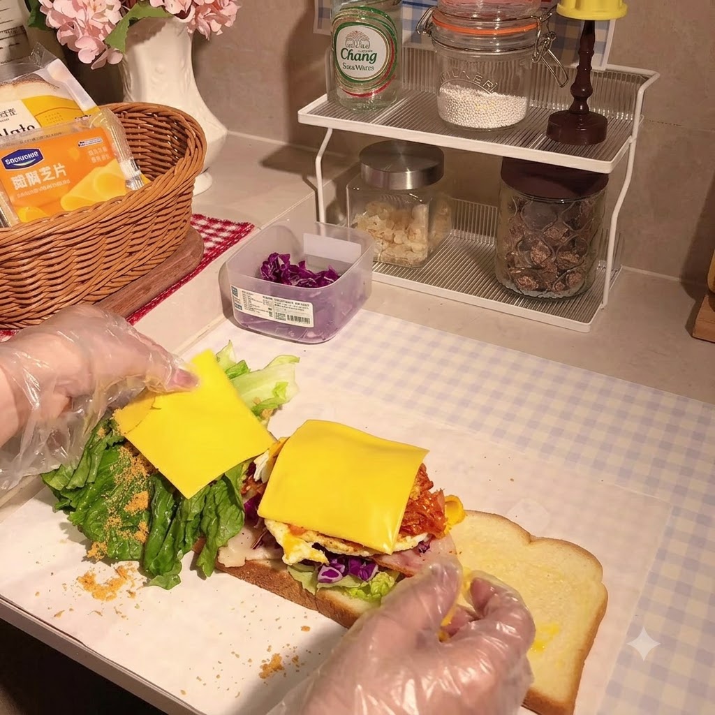 サンドイッチの具材の上に低脂肪チーズのスライスをのせている様子。